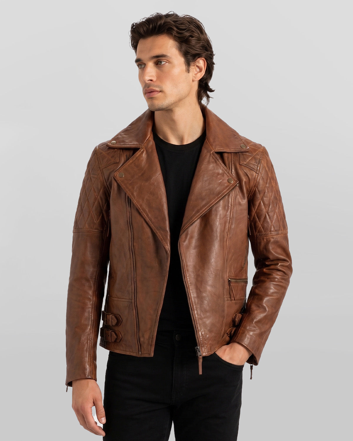 Men's Brown Quilted Biker Leather Jacket with Double Buckle Waist
