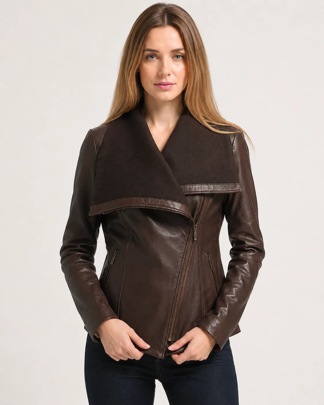 Women's Brown Wool and Leather Drape Collar Jacket