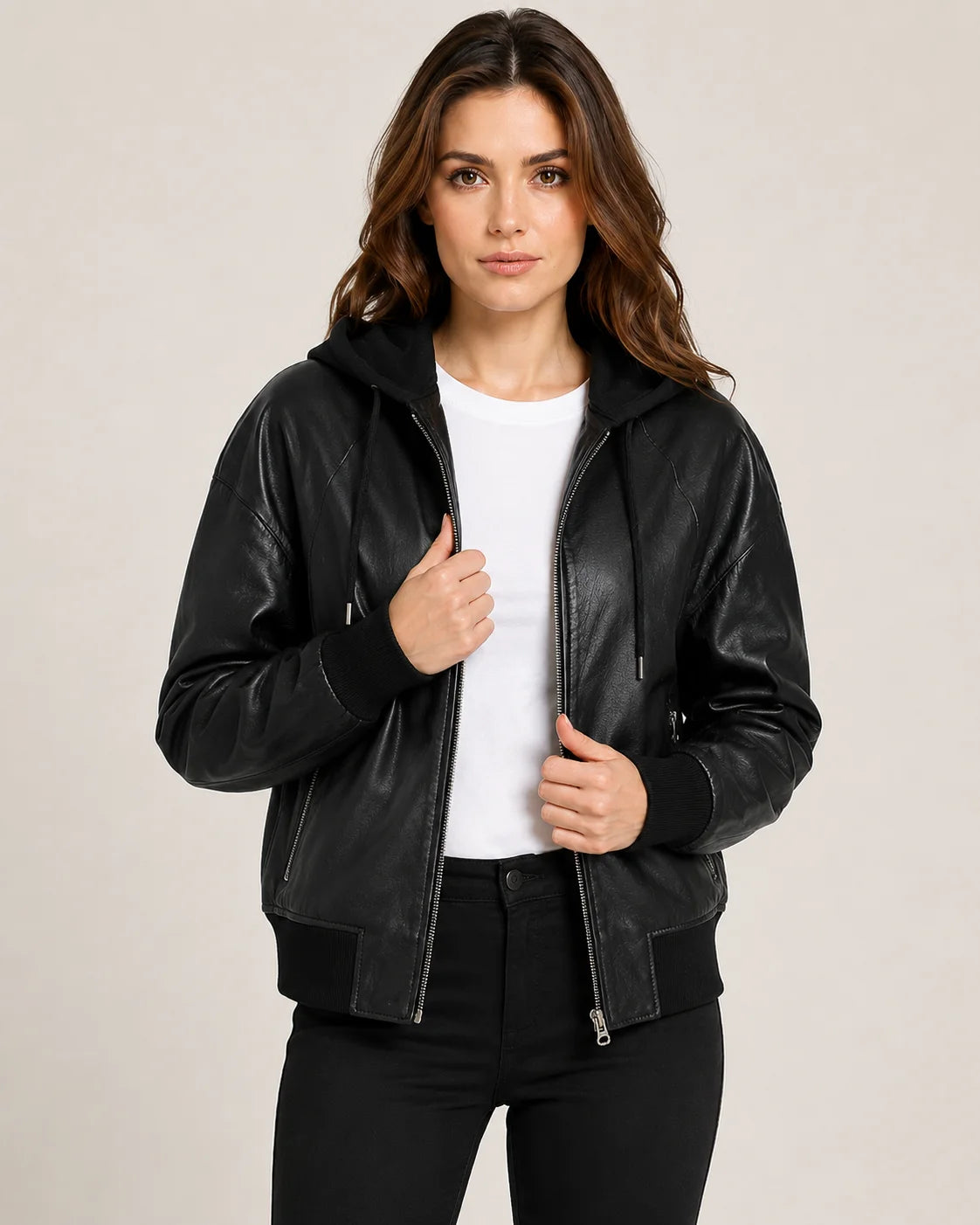 Women's Black Leather Bomber Jacket with Removable Hood
