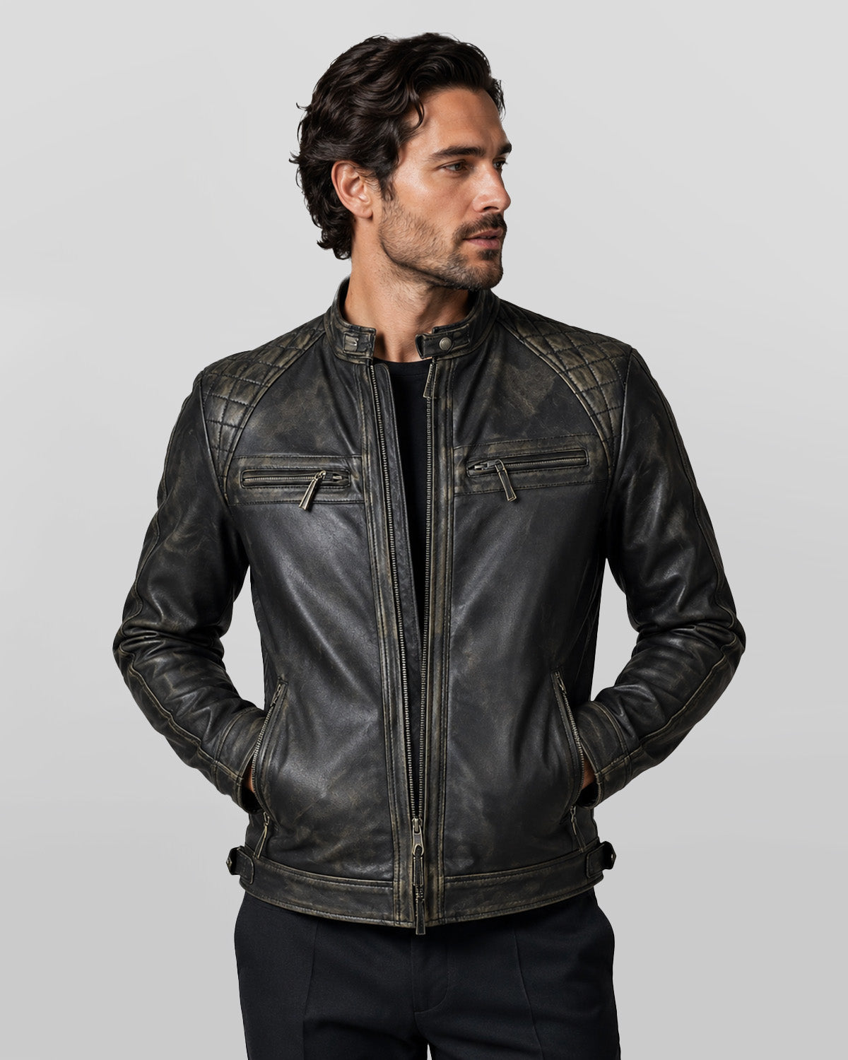 Mens Distressed Real Lambskin Black Leather Biker Jacket