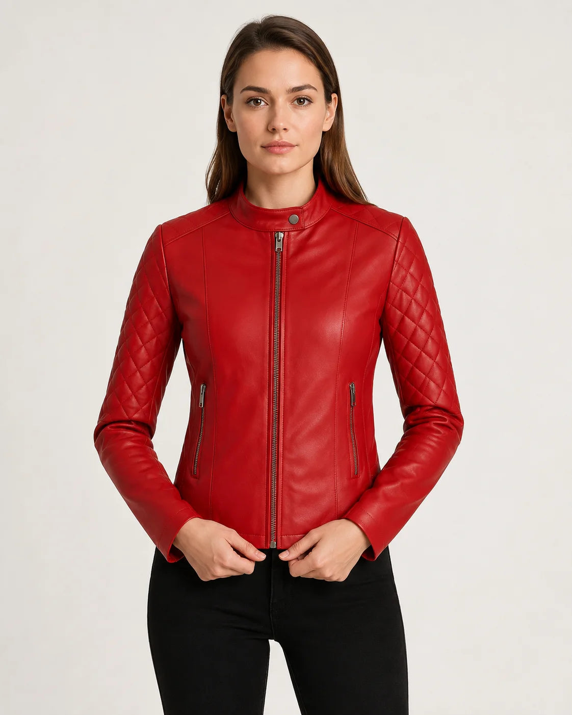 Women's Quilted Real Leather Red Cafe Racer Jacket