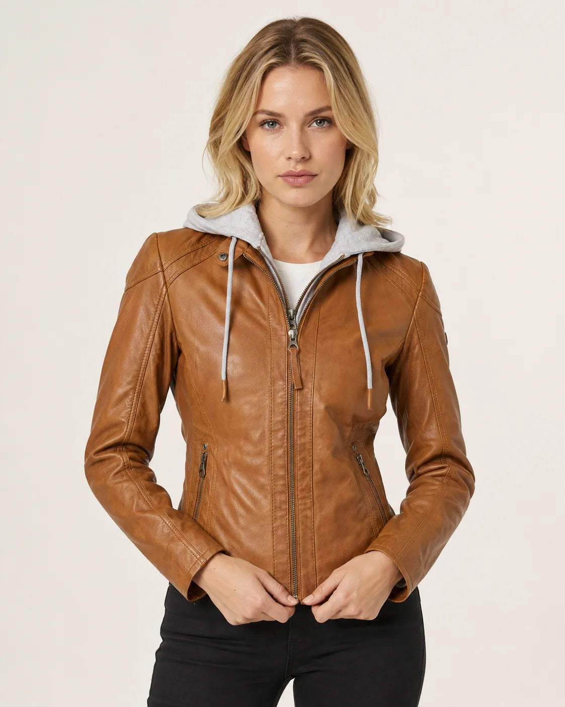 Women's Cognac Brown Leather Moto Jacket with Removable Hood