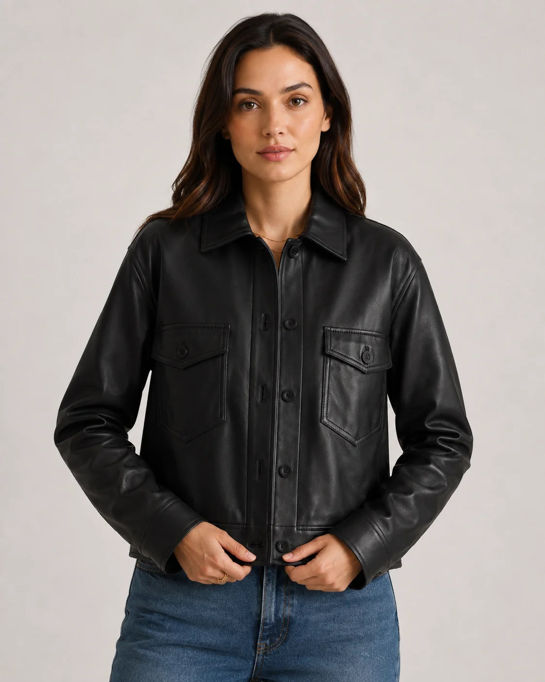 Womens Cropped Black Leather Trucker Jacket