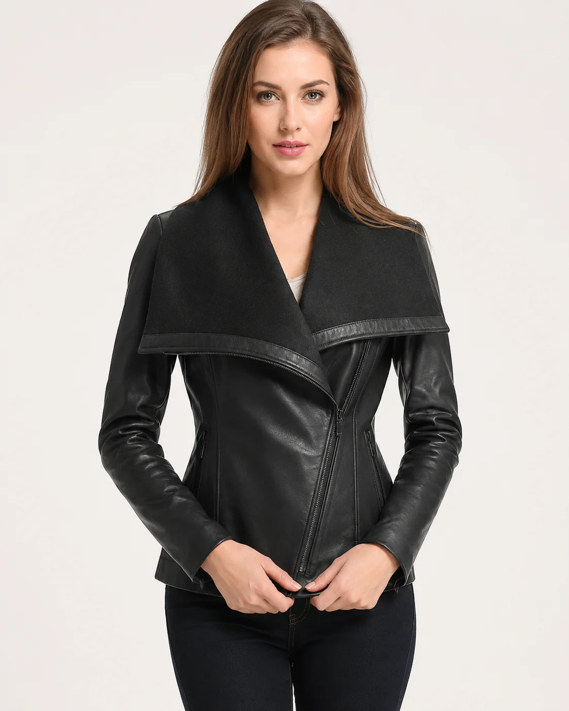 Women's Black Wool and Leather Drape Collar Jacket