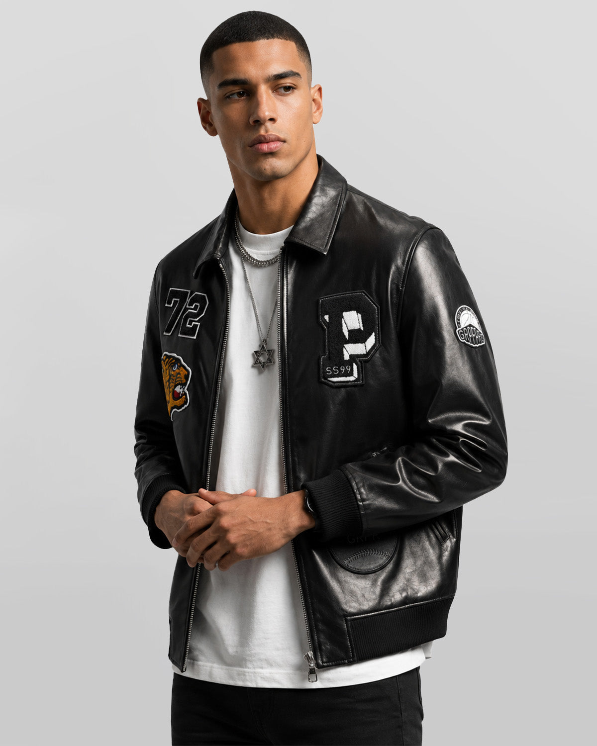 Mens Patched Black Bomber Leather Jacket