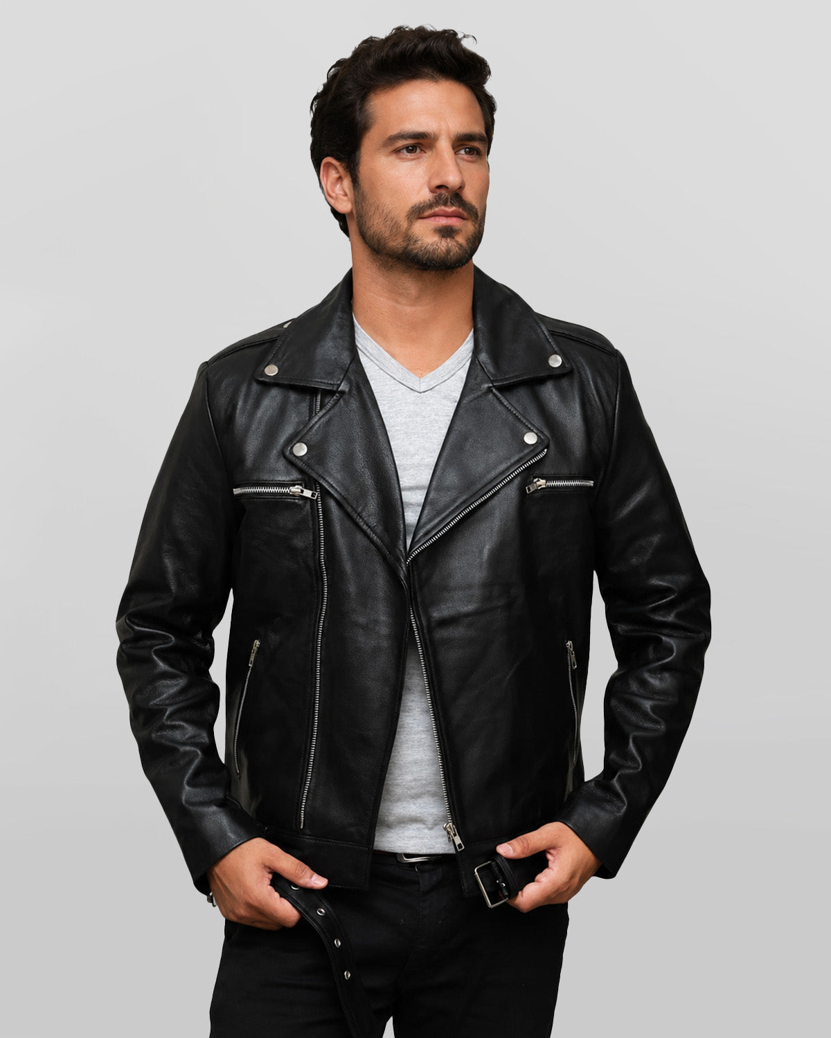 Negan Inspired Men's Black Belted Moto Leather Jacket