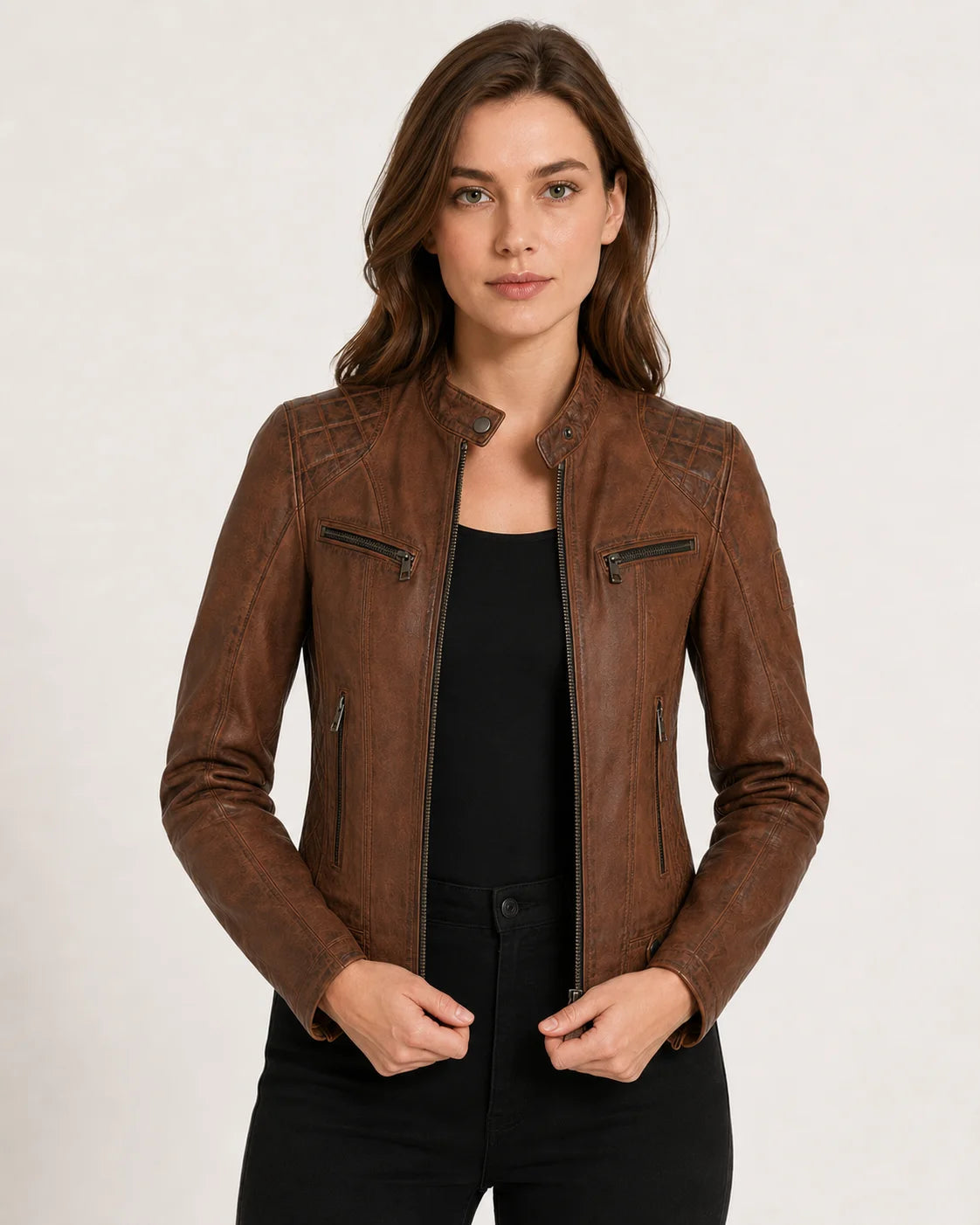 Women's Distressed Brown Leather Biker Jacket — Quilted Shoulder