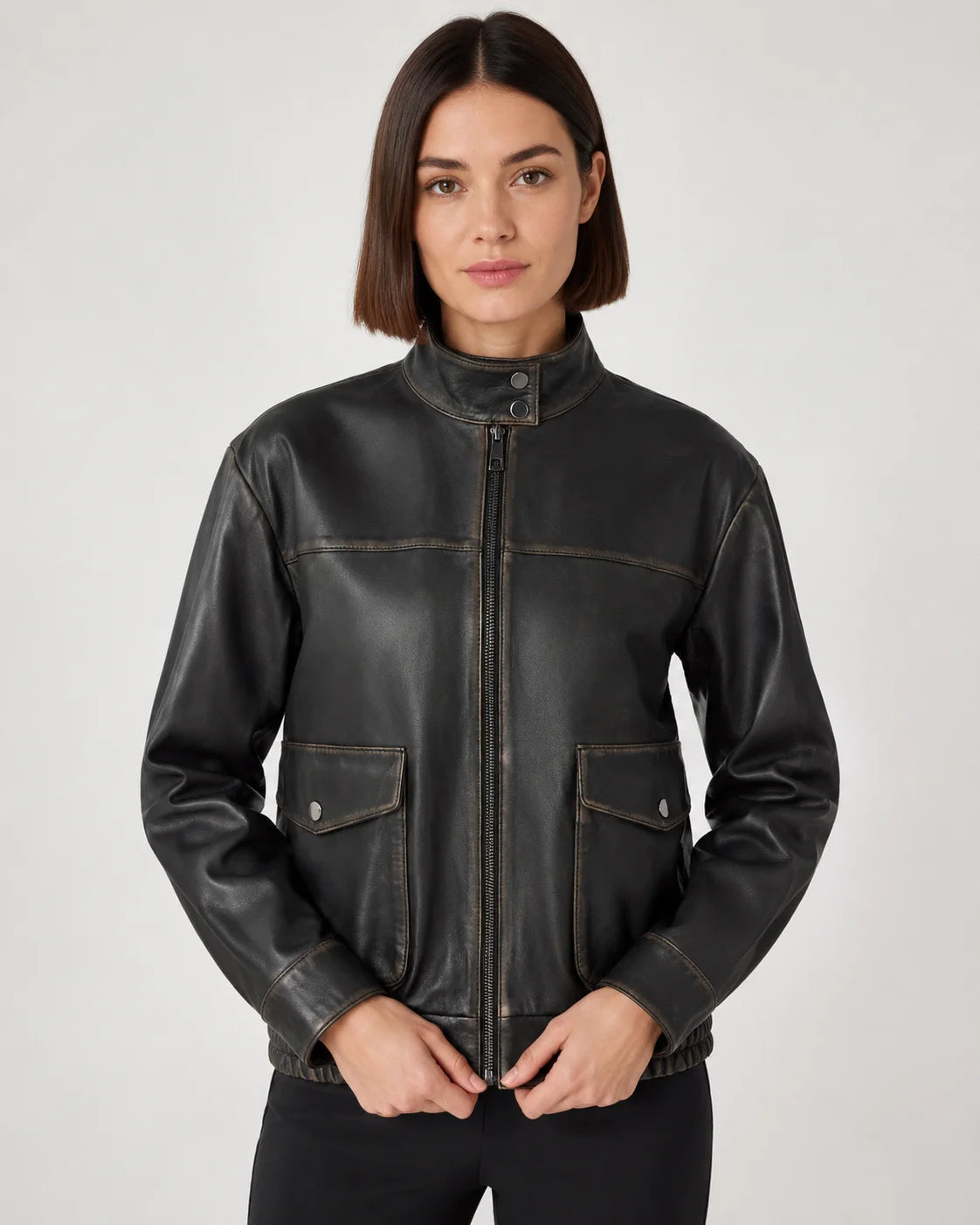 Women's Black Stand Collar Leather Bomber Jacket