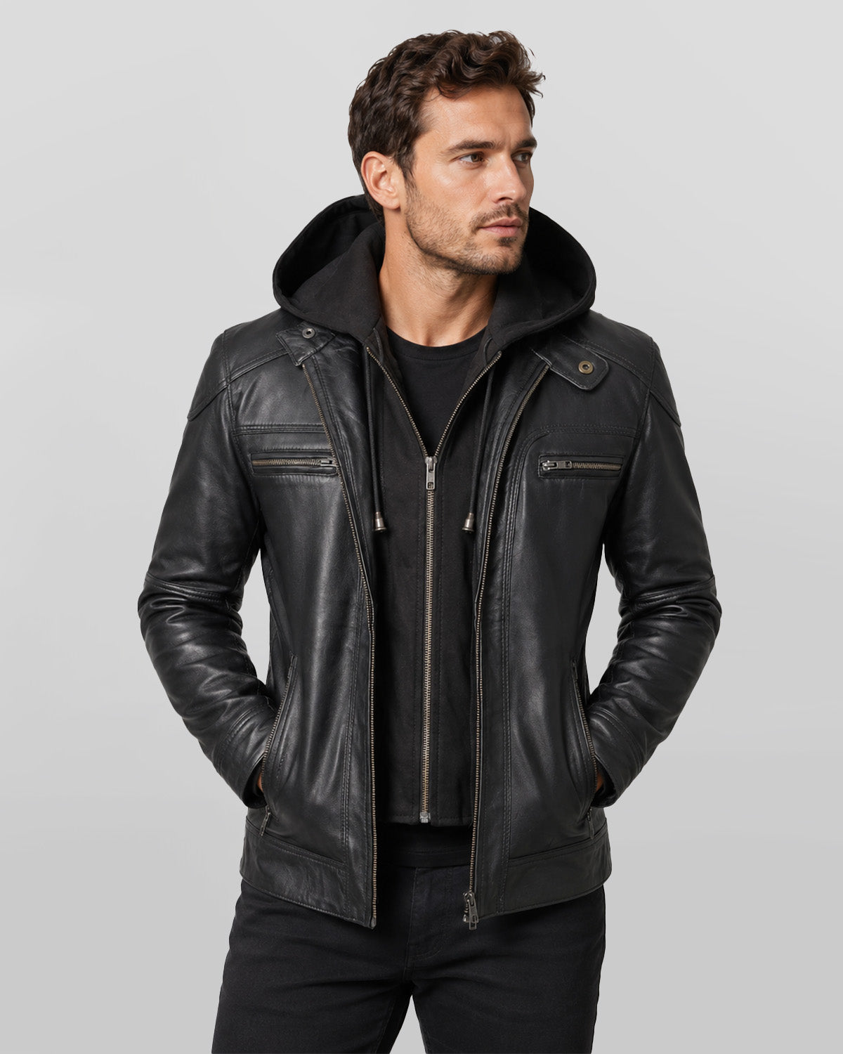 Mens Black Hooded Biker Leather Jacket With Removable Hood