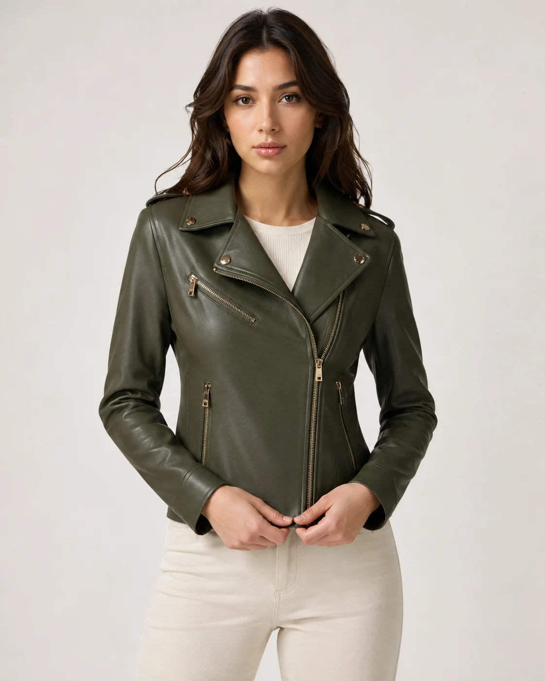 Women's Green Lambskin Leather Biker Jacket with Asymmetrical Zip
