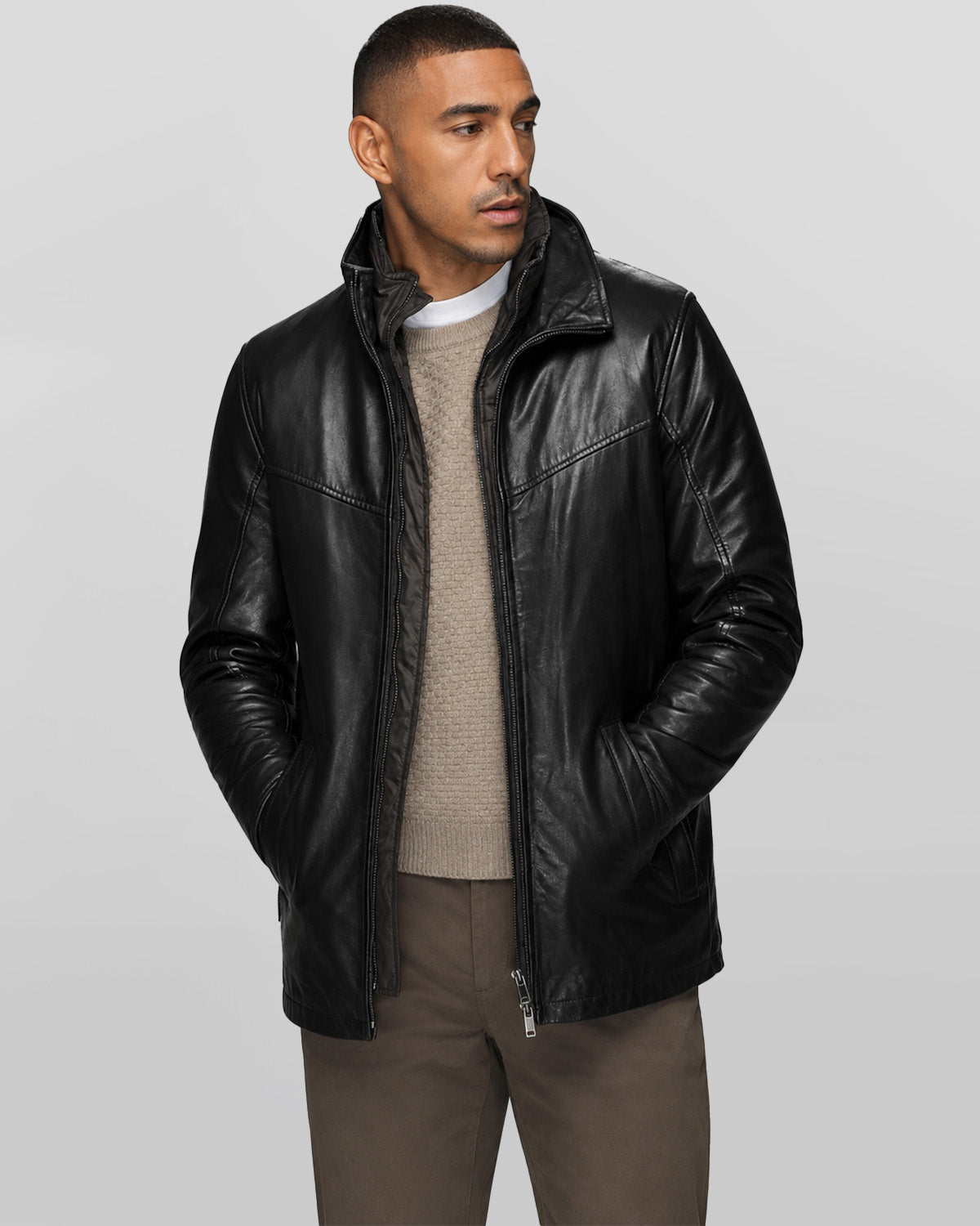 Men's Genuine Lamb Leather Walking Coat with Detachable Quilted Vest