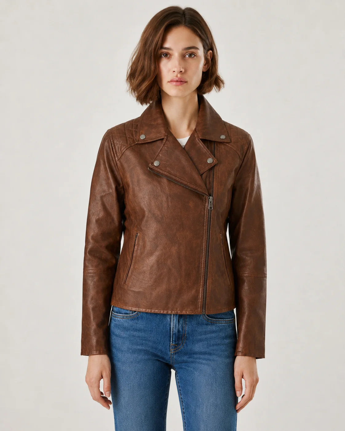 Women's Brown Quilted Leather Moto Jacket