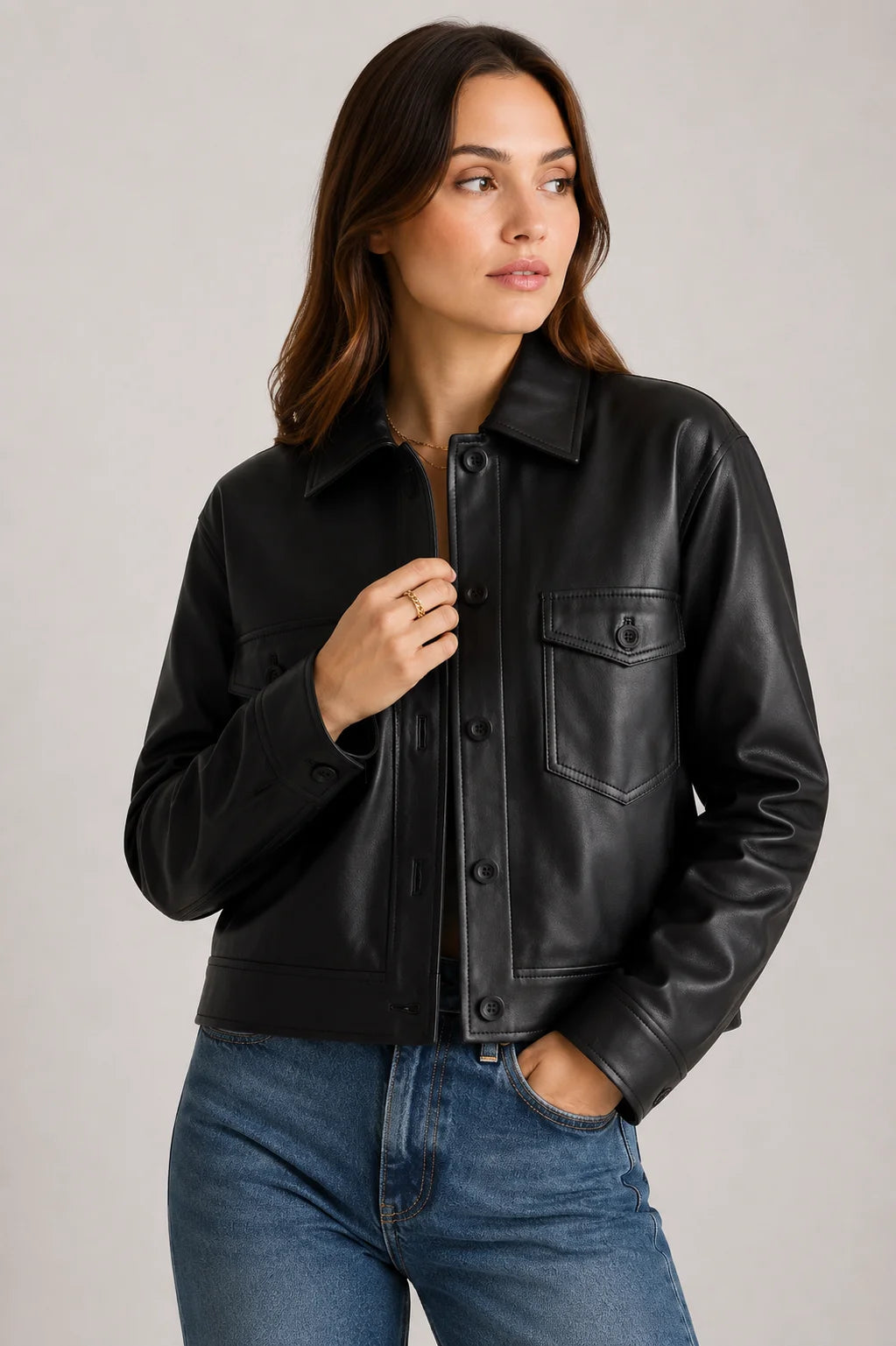 Womens Cropped Black Leather Trucker Jacket