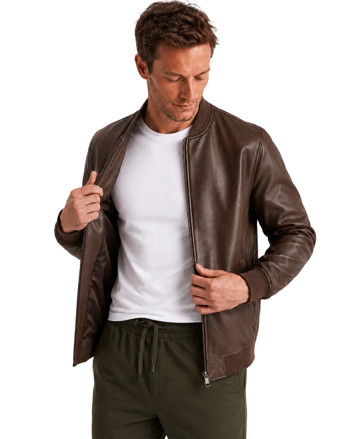 Mens Real Chocolate Brown Leather Bomber Jacket