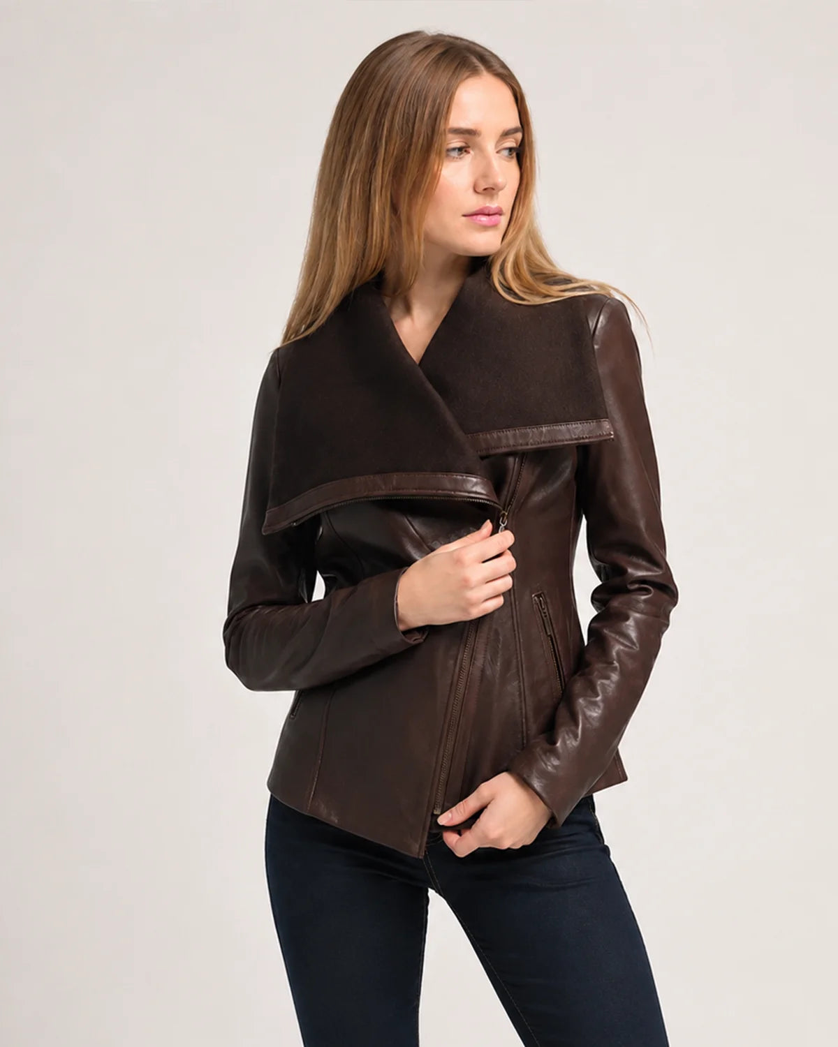 Women's Brown Wool and Leather Drape Collar Jacket