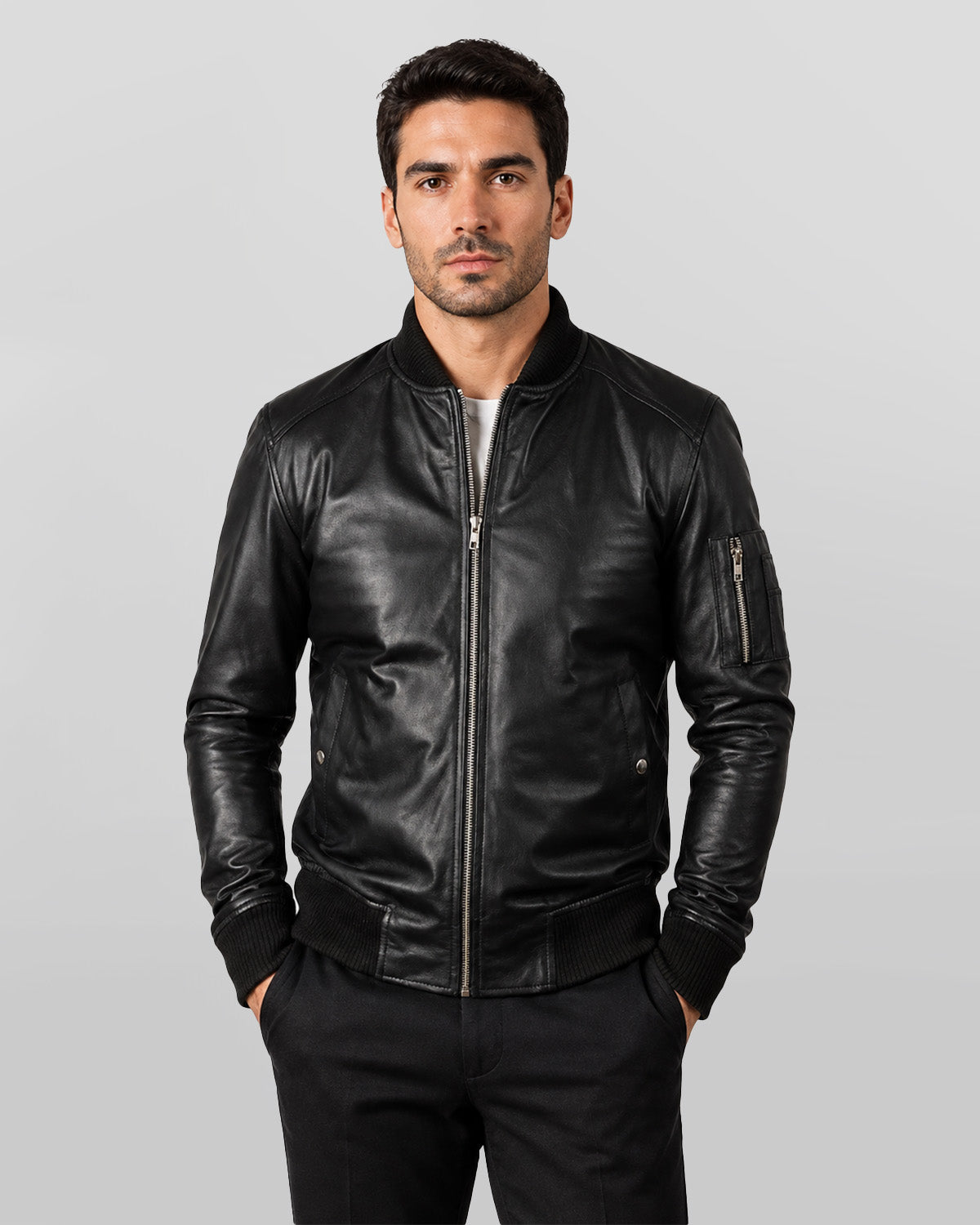 Men's Ma-1 Black Leather Bomber Jacket