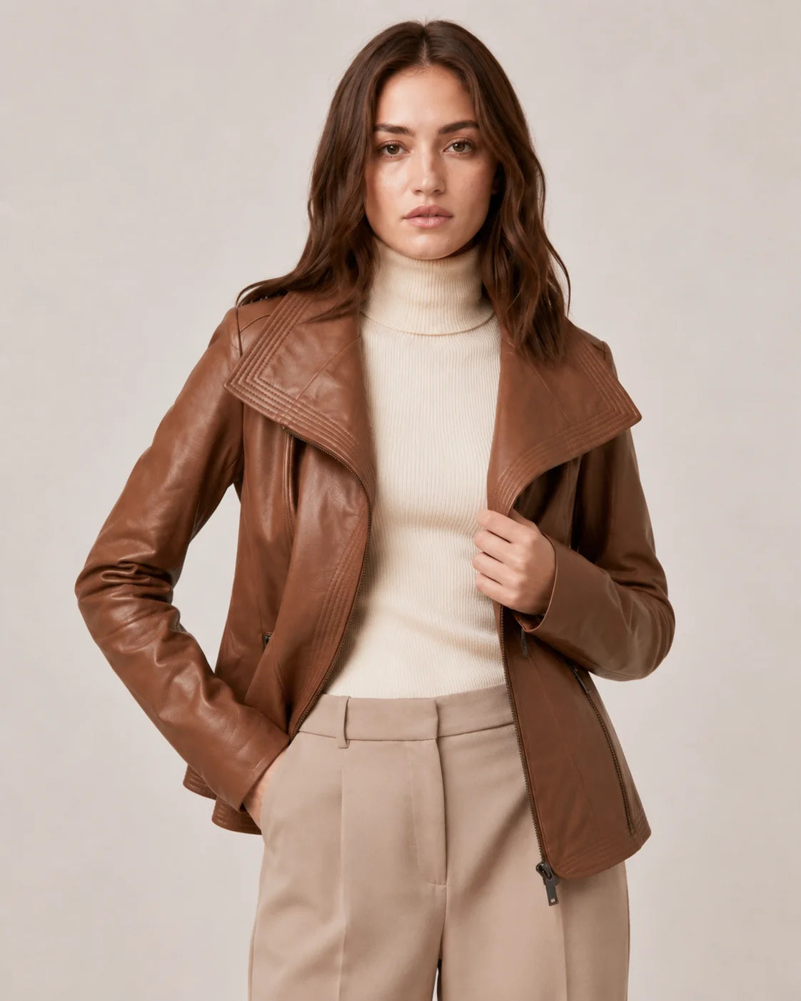 Women's Tan Moto Leather Jacket with Wide Lapel Collar