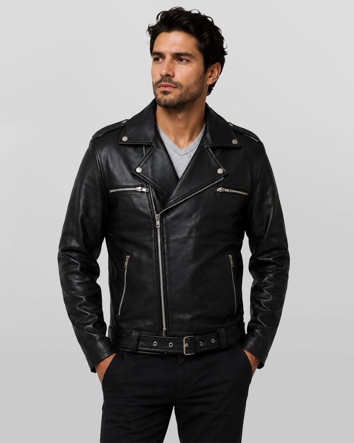 Negan Inspired Men's Black Belted Moto Leather Jacket