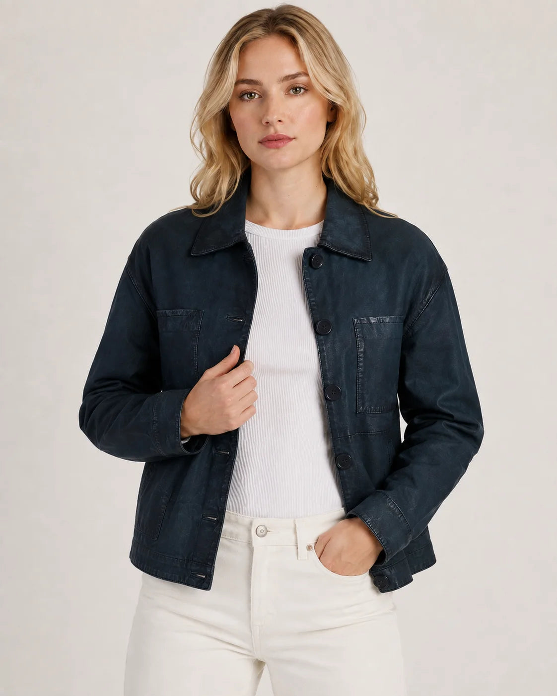 Women's Deep Teal Blue Cropped Button-Up Leather Jacket