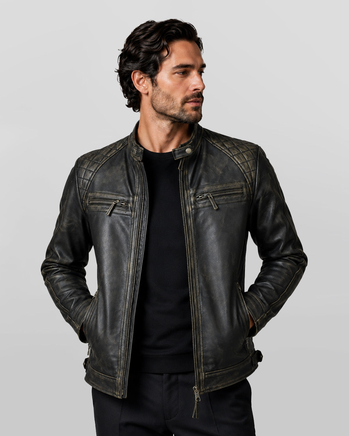 Mens Distressed Real Lambskin Black Leather Biker Jacket