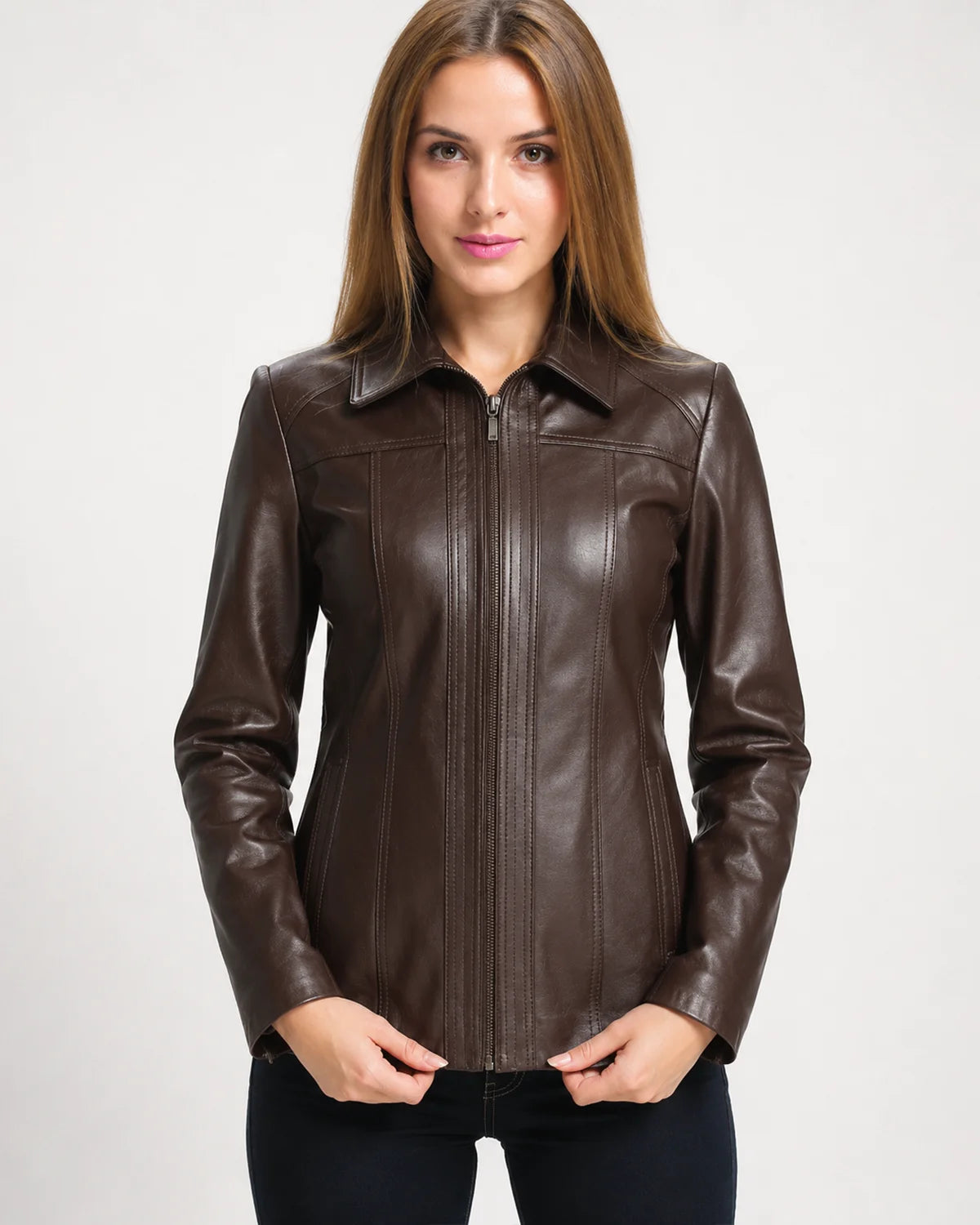 Women's Brown Shirt Collar Zip Up Leather Jacket