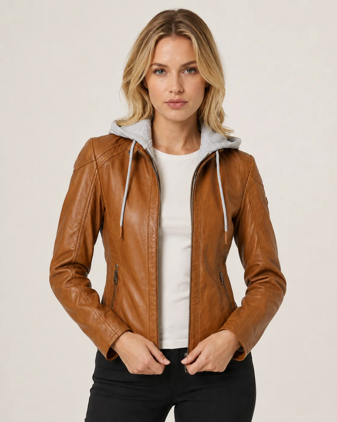 Women's Cognac Brown Leather Moto Jacket with Removable Hood