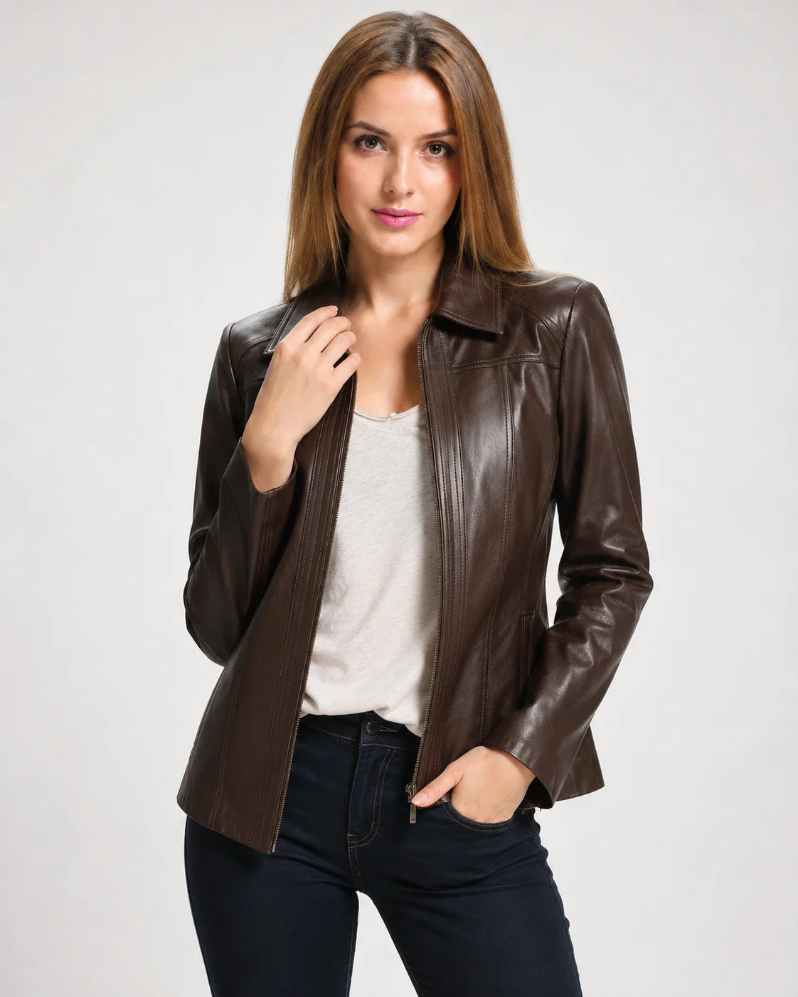Women's Brown Shirt Collar Zip Up Leather Jacket