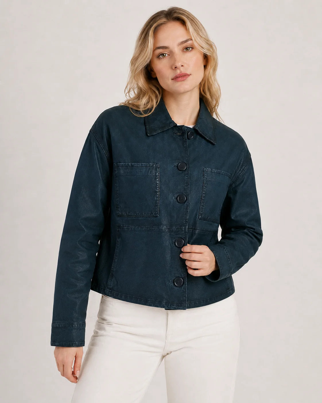 Women's Deep Teal Blue Cropped Button-Up Leather Jacket