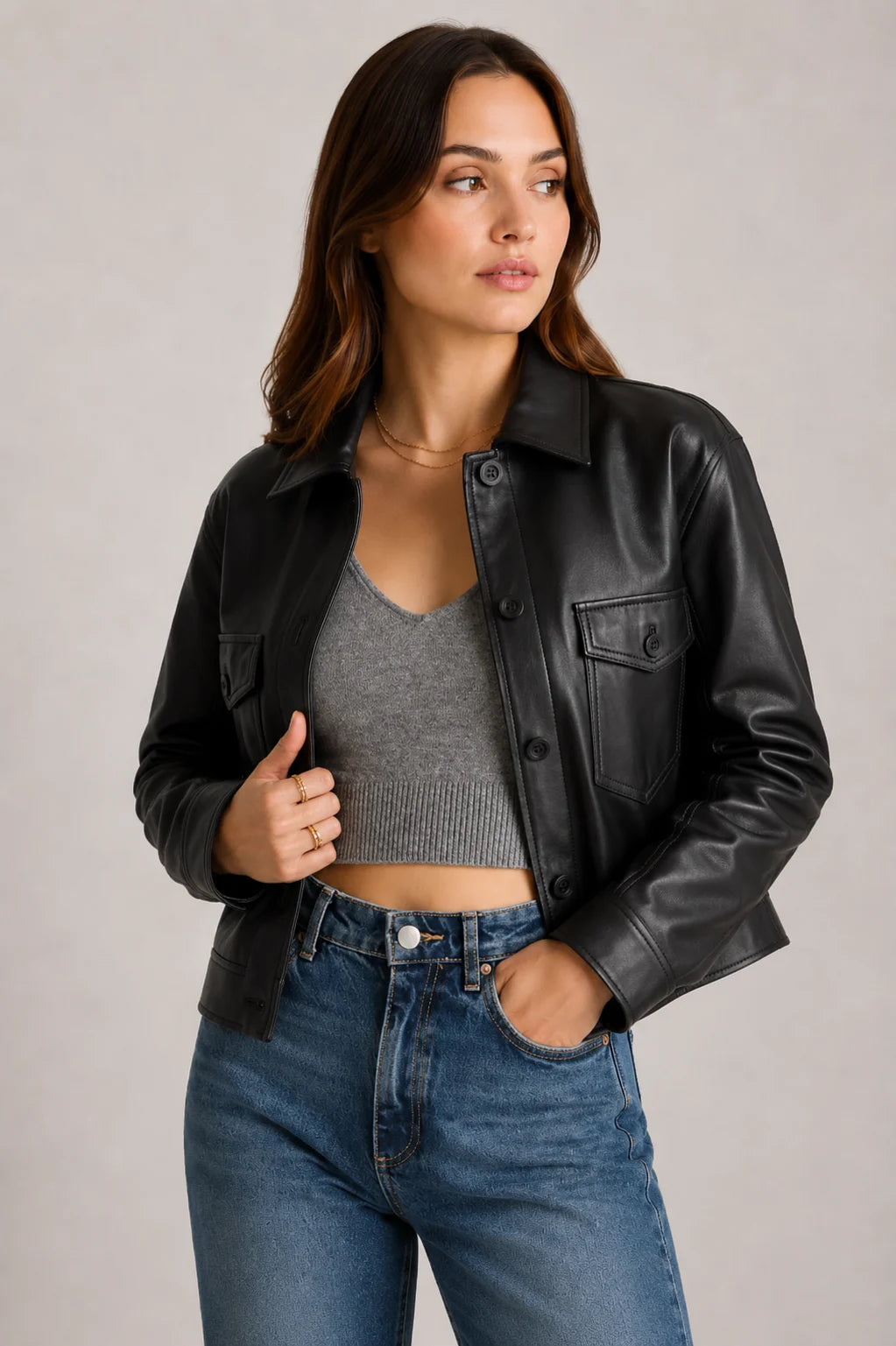 Womens Cropped Black Leather Trucker Jacket