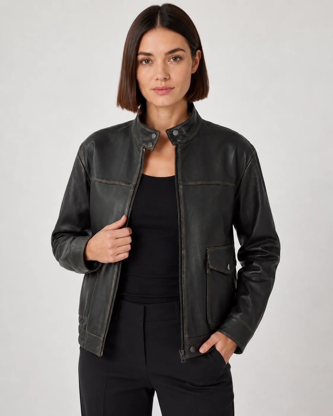 Women's Black Stand Collar Leather Bomber Jacket