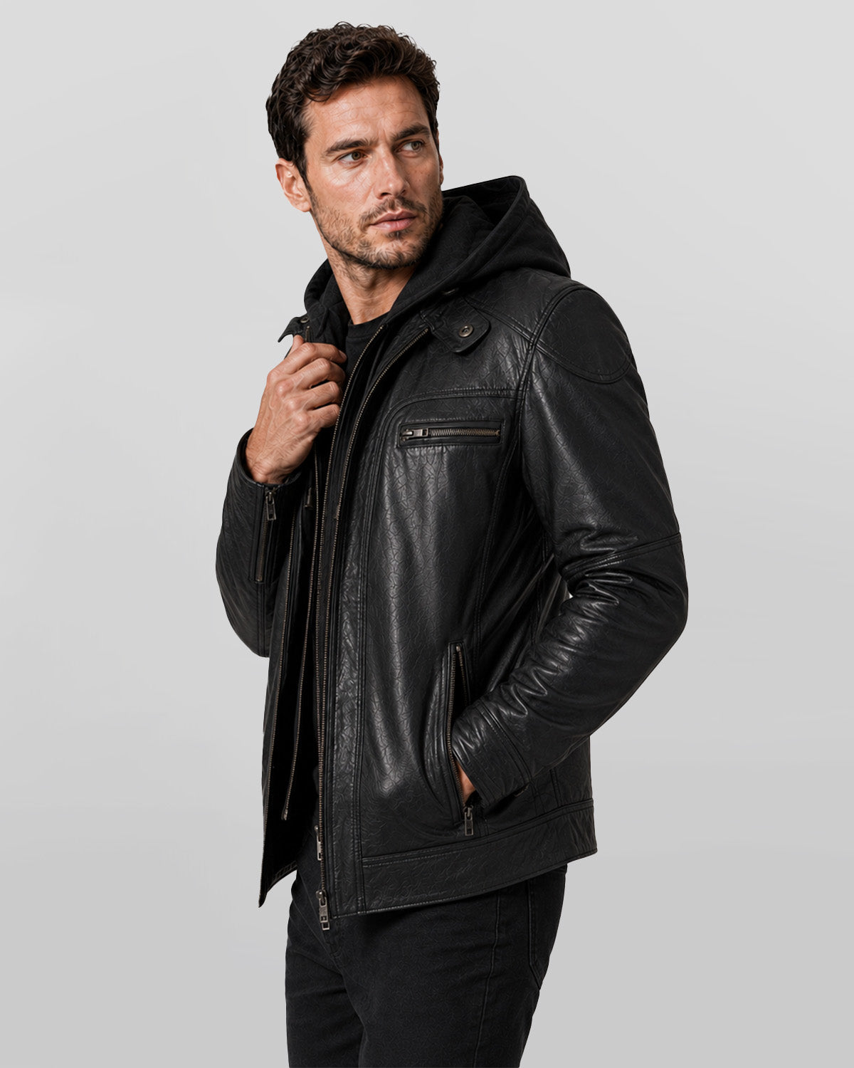 Mens Black Hooded Biker Leather Jacket With Removable Hood