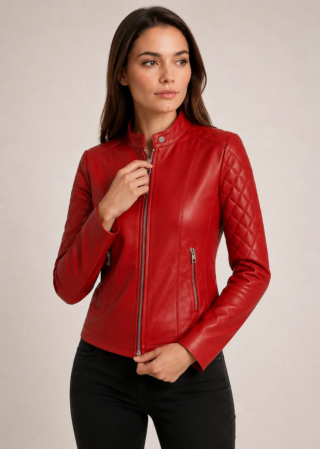 Women's Quilted Real Leather Red Cafe Racer Jacket