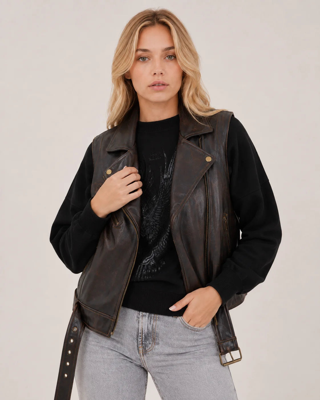 Women's Black Cognac Aged Lambskin Leather Vest with Belted Waist