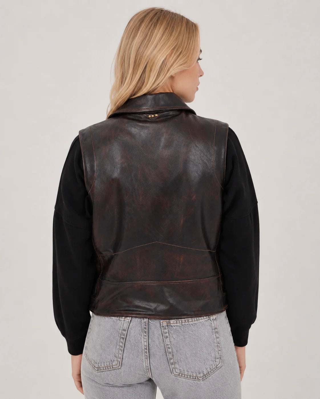 Women's Black Cognac Aged Lambskin Leather Vest with Belted Waist