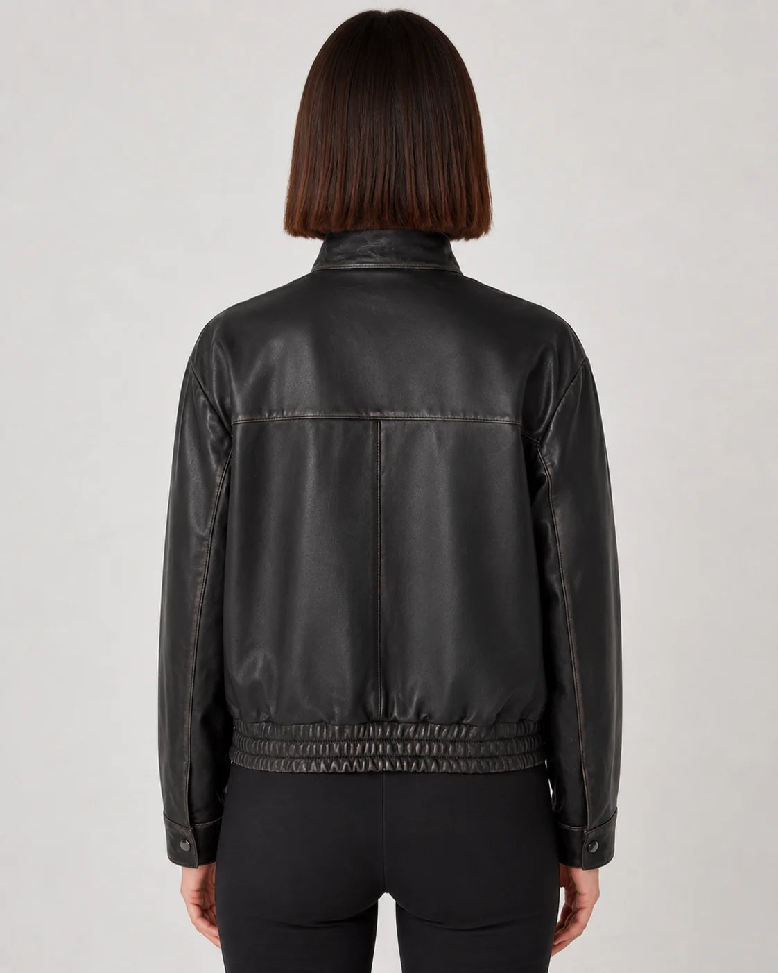 Women's Black Stand Collar Leather Bomber Jacket