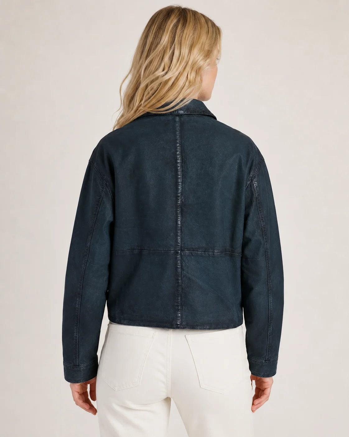 Women's Deep Teal Blue Cropped Button-Up Leather Jacket
