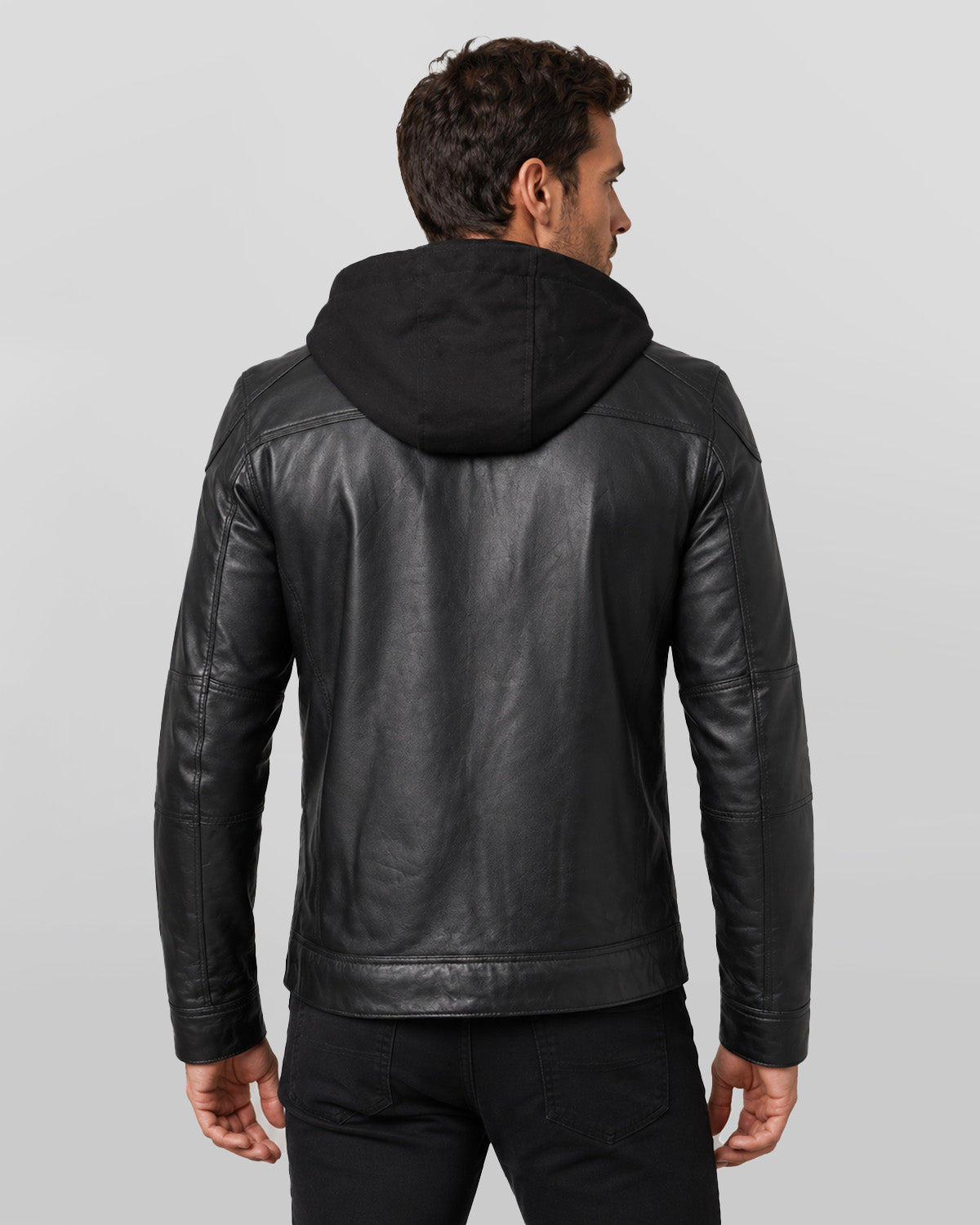 Mens Black Hooded Biker Leather Jacket With Removable Hood