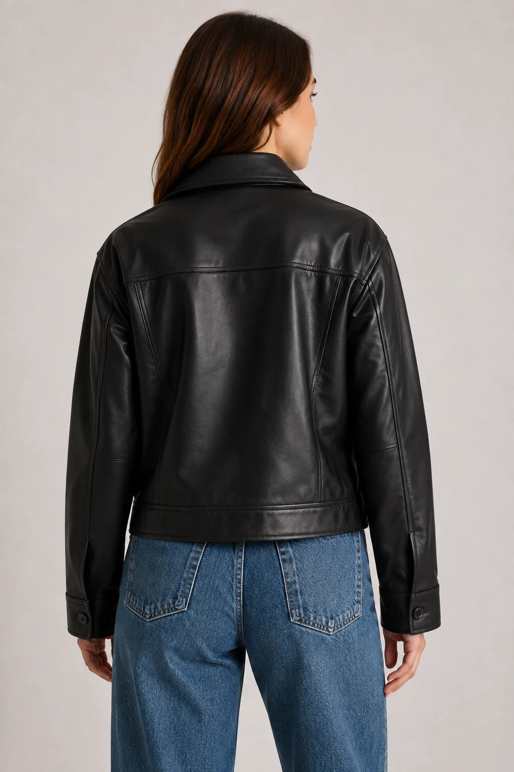 Womens Cropped Black Leather Trucker Jacket