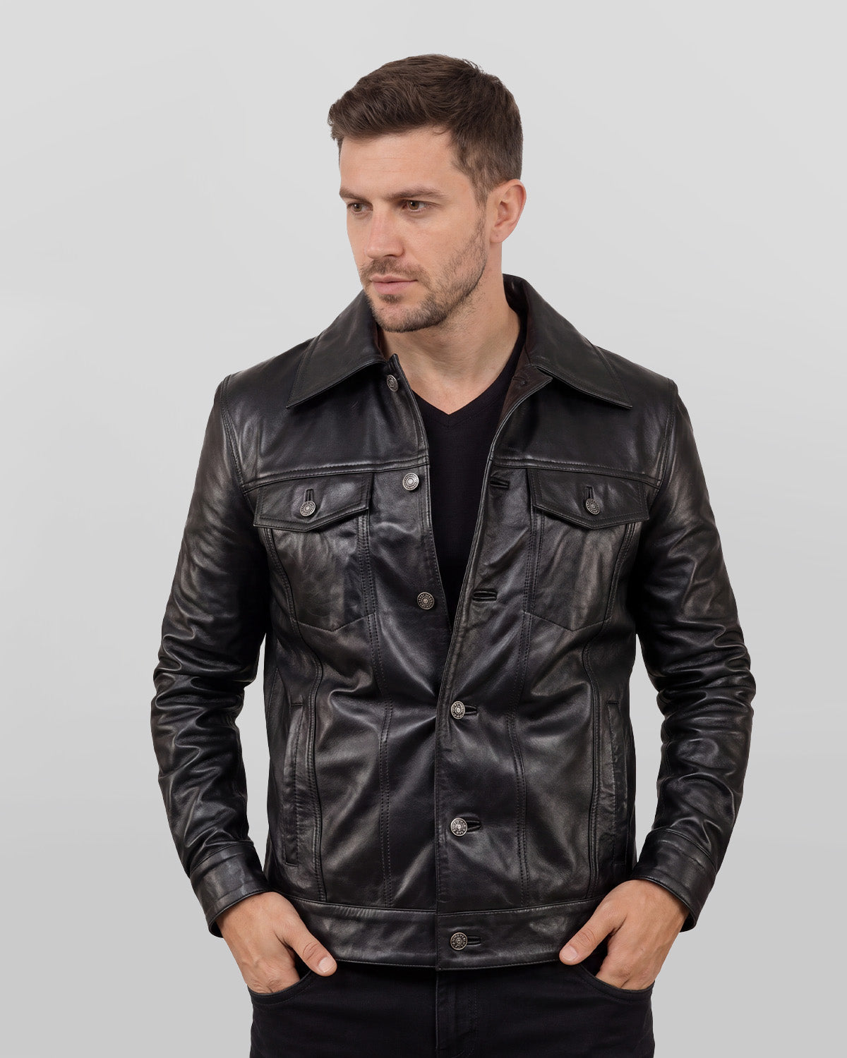 Men's Holland Black Real Leather Trucker Jacket