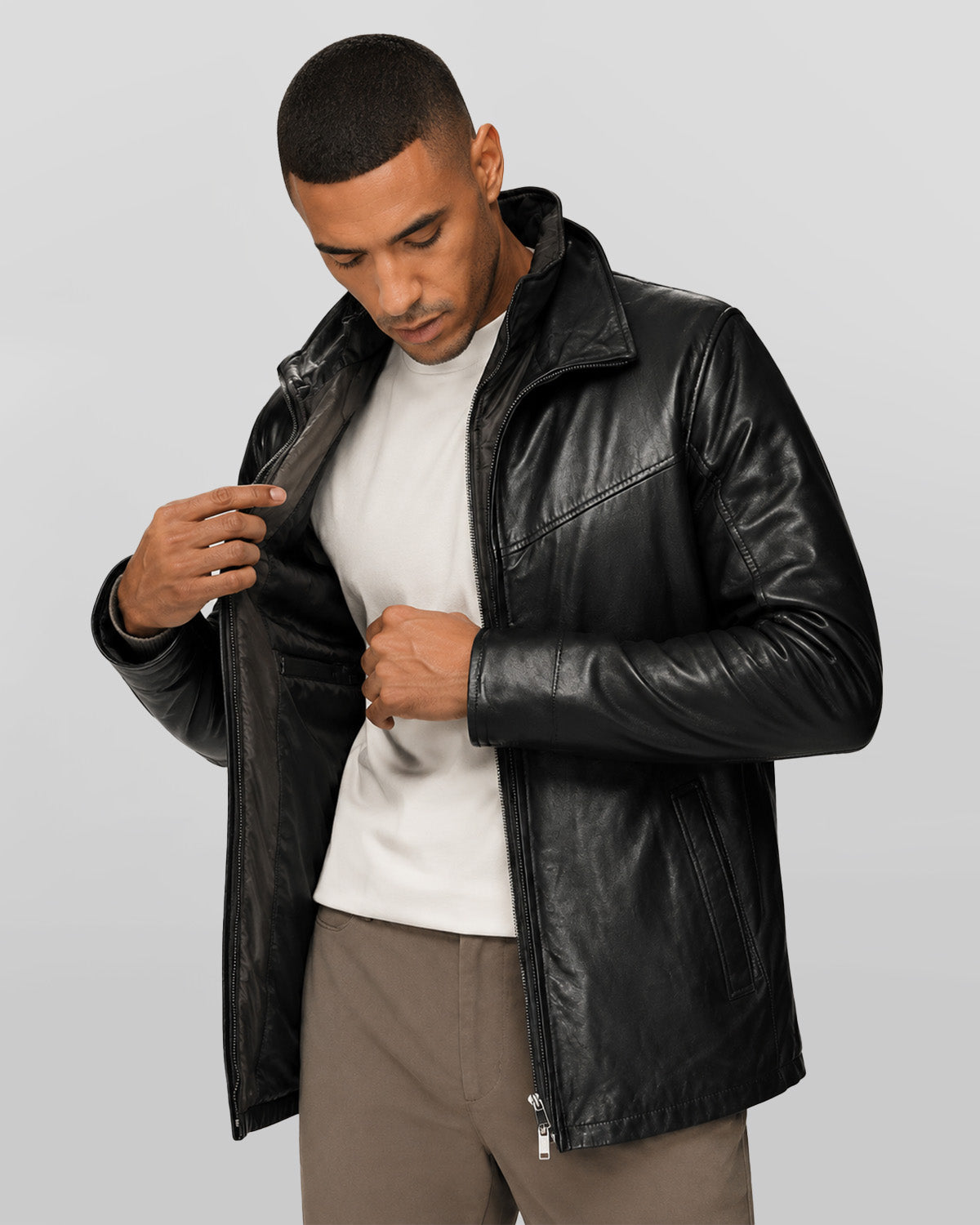 Men's Genuine Lamb Leather Walking Coat with Detachable Quilted Vest