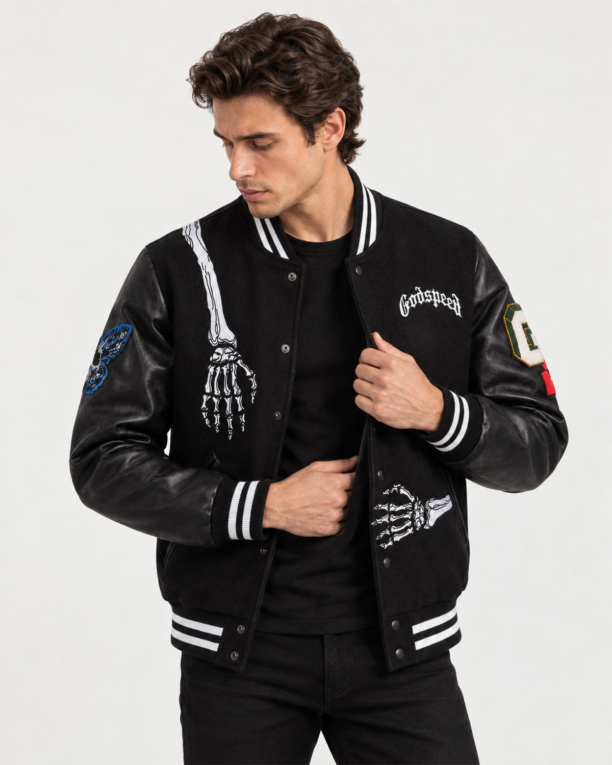 Men’s Skeleton Graphic Leather Sleeve Varsity Jacket