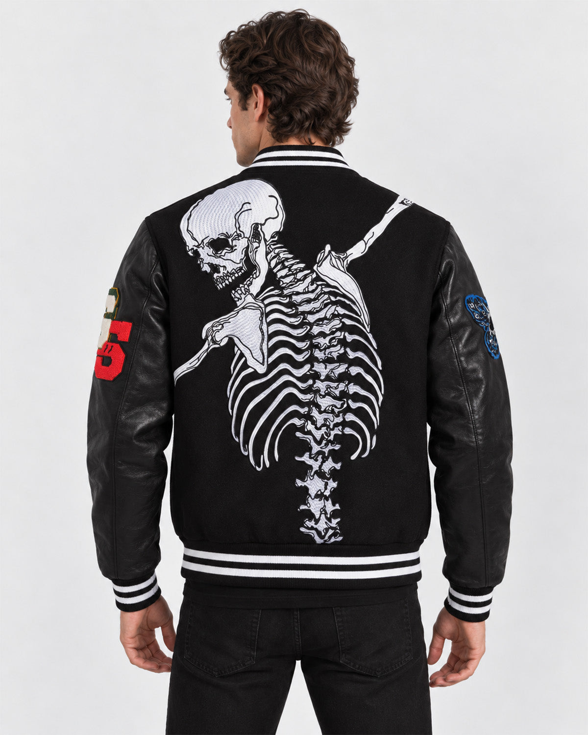 Men’s Skeleton Graphic Leather Sleeve Varsity Jacket