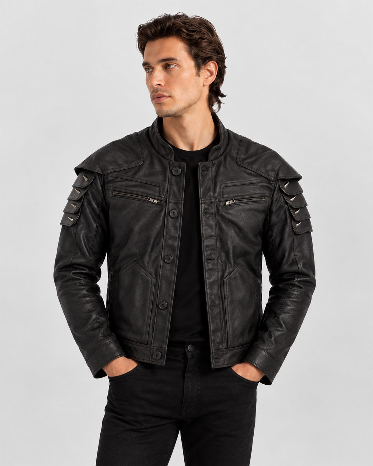 Men’s Black Leather Biker Jacket with Studded Sleeves