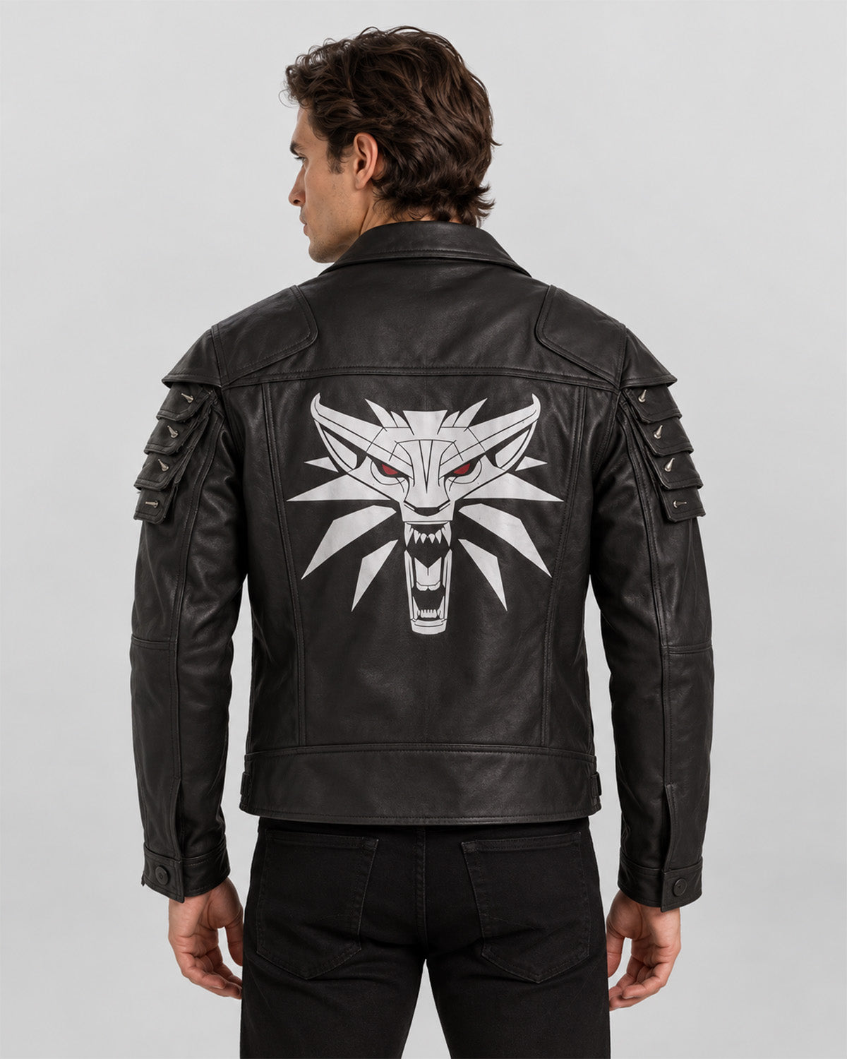 Men’s Black Leather Biker Jacket with Studded Sleeves