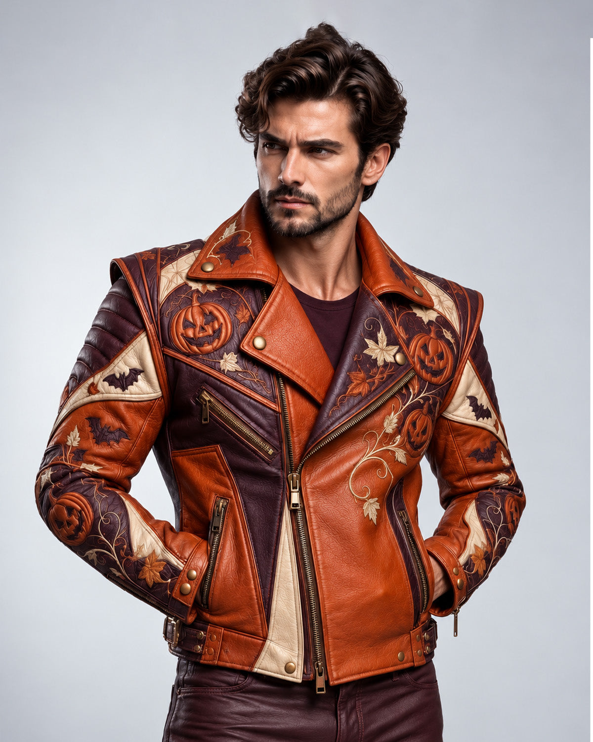 Men’s Halloween Pumpkin Leather Biker Jacket