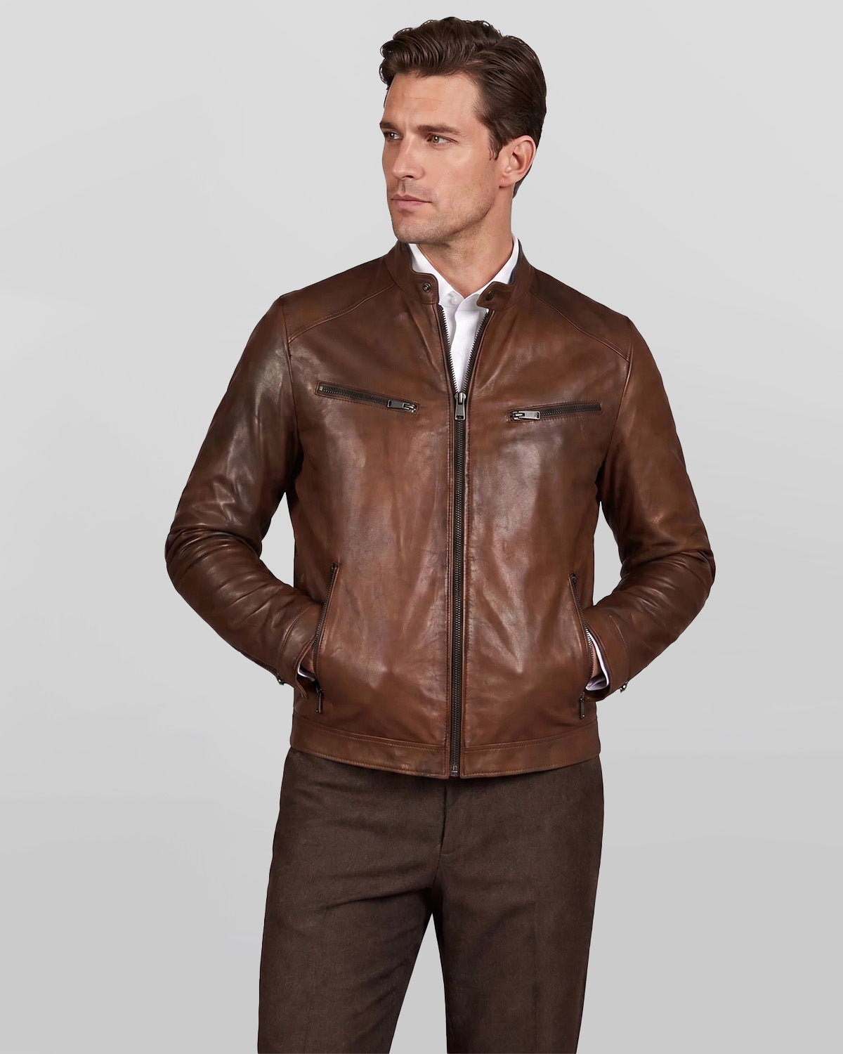 Men's Real Lambskin Chocolate Brown Biker Leather Jacket