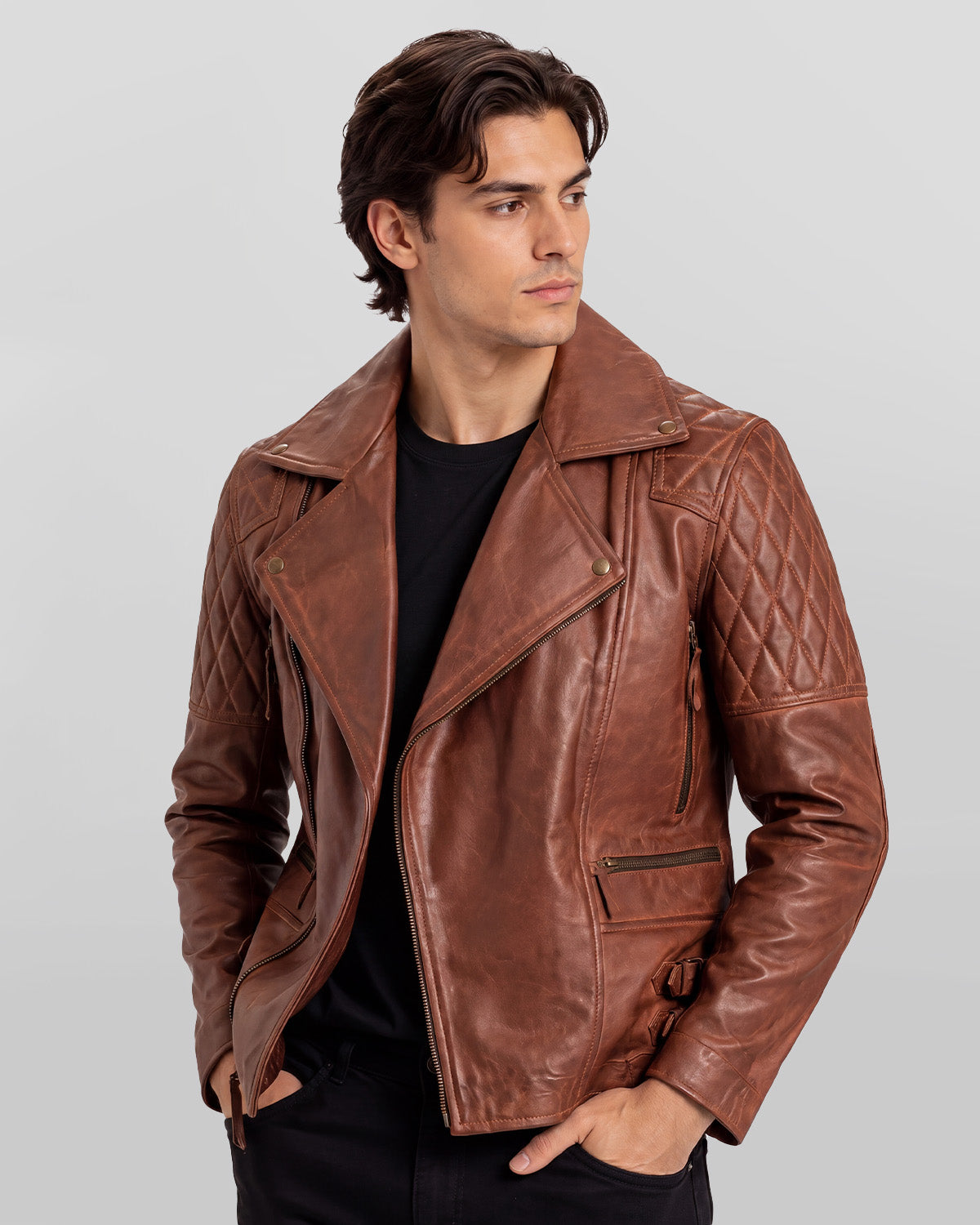 Men's Brown Quilted Biker Leather Jacket with Double Buckle Waist