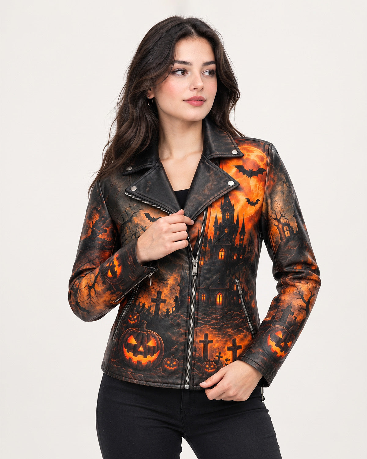 Women’s Halloween Haunted Castle Printed Leather Biker Jacket