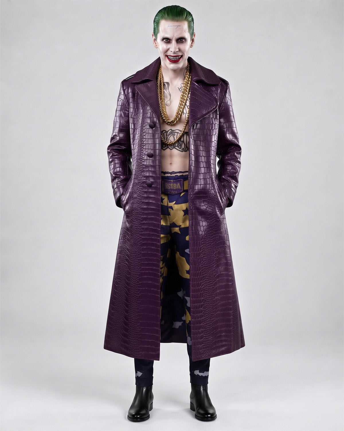 Men’s Purple Crocodile-Embossed Leather Trench Coat
