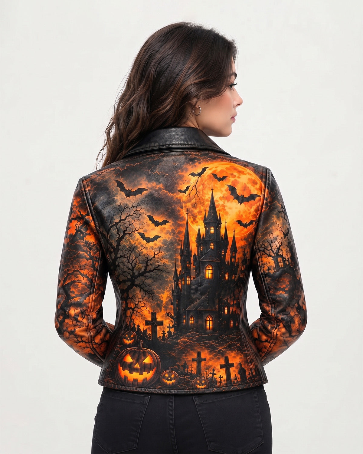 Women’s Halloween Haunted Castle Printed Leather Biker Jacket